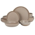 thumbnail image 1 of Gibson Elite Laguna Bliss 16 Piece Stoneware Reactive Glaze (Service for 4) Ceramic Plates and Bowls Dinnerware Set - Matte Beige-Gray W/ Terracotta Bottom, 1 of 16