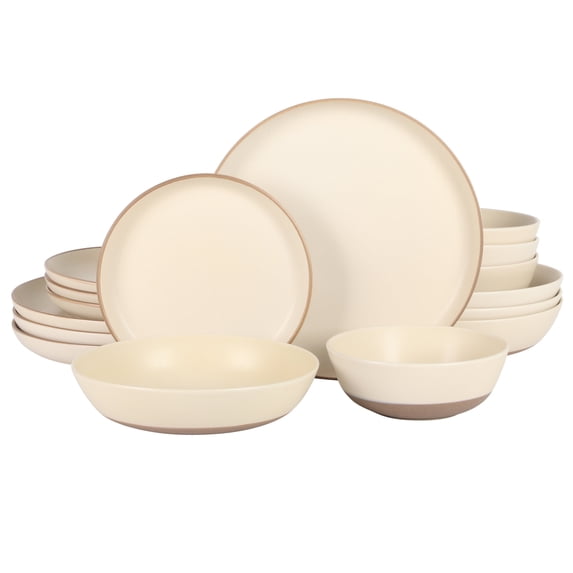 Gibson Elite Laguna Bliss 16 Piece Stoneware Reactive Glaze (Service for 4) Ceramic Plates and Bowls Dinnerware Set - Matte Cream White W/ Terracotta Bottom