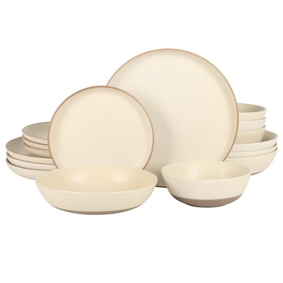 Gibson Elite Laguna Bliss 16 Piece Stoneware Reactive Glaze (Service for 4) Ceramic Plates and Bowls Dinnerware Set - Matte Cream White W/ Terracotta Bottom