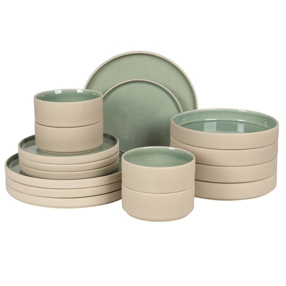 Gibson Elite Liberty Bay 16-Piece Pottery Clay Stoneware Dinnerware Set – Mint Green Reactive Glaze, Stackable Plates and Bowls W/ Pasta Bowl, Service for 4 – Microwave & Dishwasher Safe