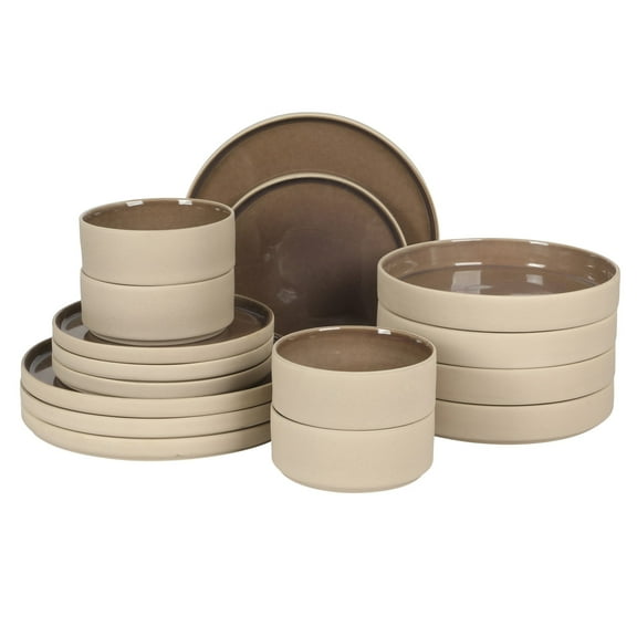 Gibson Elite Liberty Bay 16-Piece Pottery Clay Stoneware Dinnerware Set – Mocha Brown Reactive Glaze, Stackable Plates and Bowls W/ Pasta Bowl, Service for 4 – Microwave & Dishwasher Safe