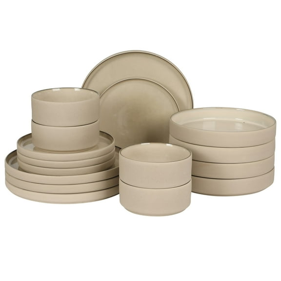 Gibson Elite Liberty Bay 16-Piece Pottery Clay Stoneware Dinnerware Set – Taupe Reactive Glaze, Stackable Plates and Bowls W/ Pasta Bowl, Service for 4 – Microwave & Dishwasher Safe