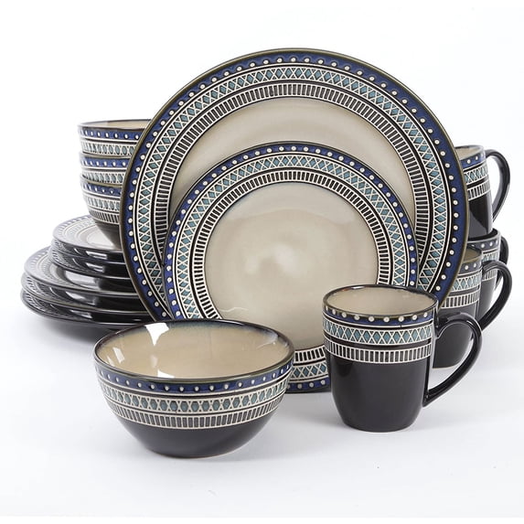 Gibson Elite Magello Glazed Stoneware 16-Piece Dinnerware Set, Blue and Brown