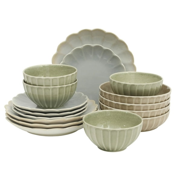 Gibson Elite Malibu Shore 16 Piece Scallop Stoneware Reactive Glaze (Service for 4) Ceramic Plates and Bowls Dinnerware Set - Assorted Color (Shiny Cream White, Blue, Cream, Terracotta)