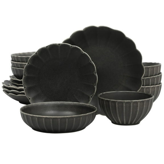 Gibson Elite Malibu Shore 16 Piece Scallop Stoneware Reactive Glaze (Service for 4) Ceramic Plates and Bowls Dinnerware Set - Black