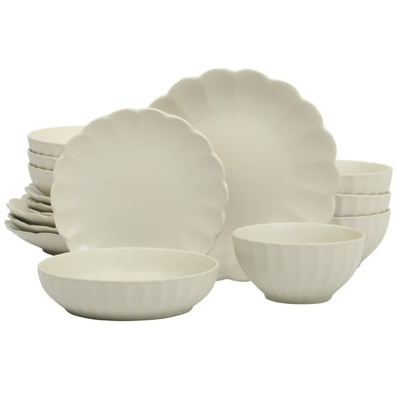 Gibson Elite Malibu Shore 16 Piece Scallop Stoneware Reactive Glaze (Service for 4) Ceramic Plates and Bowls Dinnerware Set - Cream White