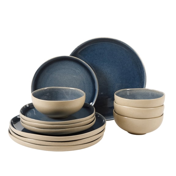 Gibson Elite Manila Bay 12-Piece Stoneware Dinnerware Set, Service for 4, Reactive Glaze Modern Artisan Plates, Bowls & Mugs, Blue, Round Design