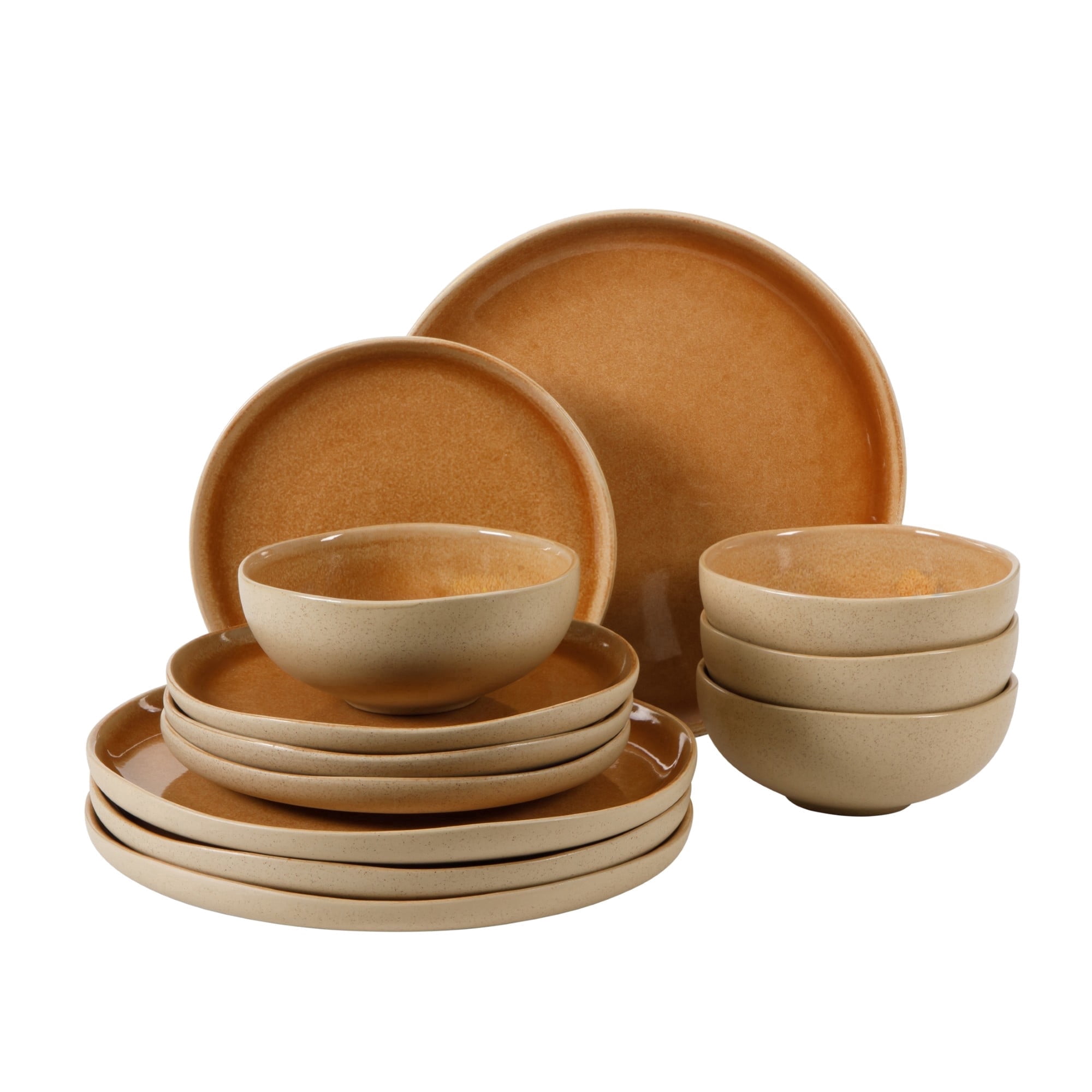 Gibson Elite Manila Bay 12-Piece Stoneware Dinnerware Set, Service for 4, Reactive Glaze Modern Artisan Plates, Bowls & Mugs, Orange, Round Design