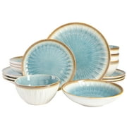 Gibson Elite Mayfair Bay 16 Piece Double Bowl Embossed Reactive Dinnerware Blue