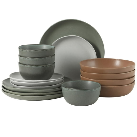 Gibson Elite Menlo Park 16-Piece Pottery Clay Stoneware Dinnerware Set – Assorted Colors Reactive Glaze, Embossed Plates and Bowls W/ Pasta Bowl, Service for 4 – Microwave & Dishwasher Safe