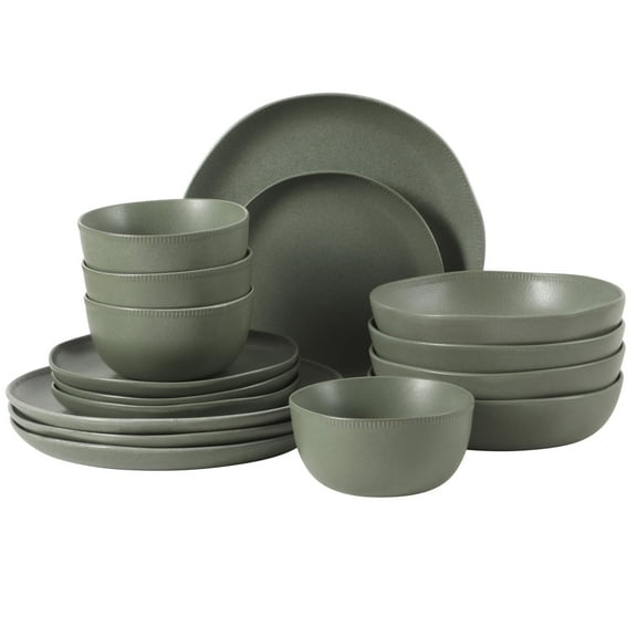 Gibson Elite Menlo Park 16-Piece Pottery Clay Stoneware Dinnerware Set – Green Reactive Glaze, Organic Shape Embossed Plates and Bowls W/ Pasta Bowl, Service for 4 – Microwave & Dishwasher Safe