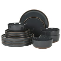 Gibson Elite Northrock Stoneware Dinnerware Set, 16-Piece Service for 4 Plates and Bowls Set – Charcoal Blue Dishes with Hand-Painted Terracotta Base