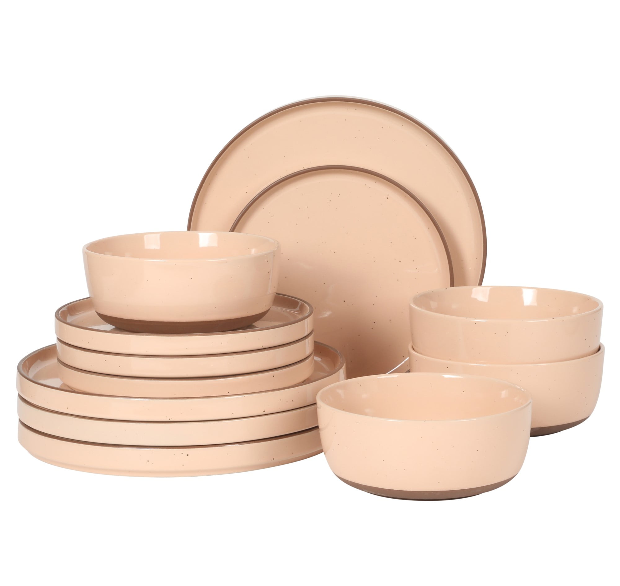 Gibson Elite Northrock Stoneware Dinnerware Set, 16-Piece Service for 4 Plates and Bowls Set – Pink Dishes with Hand-Painted Terracotta Base