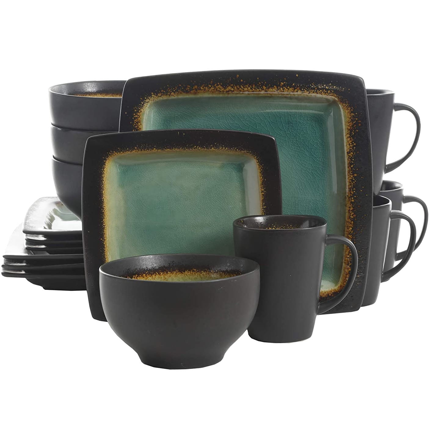 Green Floral Ceramic Square Dinnerware Set, Service for 4