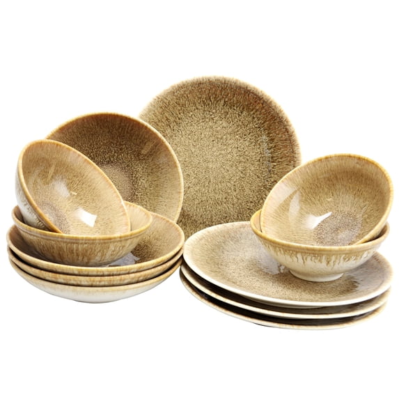 Gibson Elite Ombr 12 Piece Stoneware Double Bowl Dinnerware Set in Chestnut