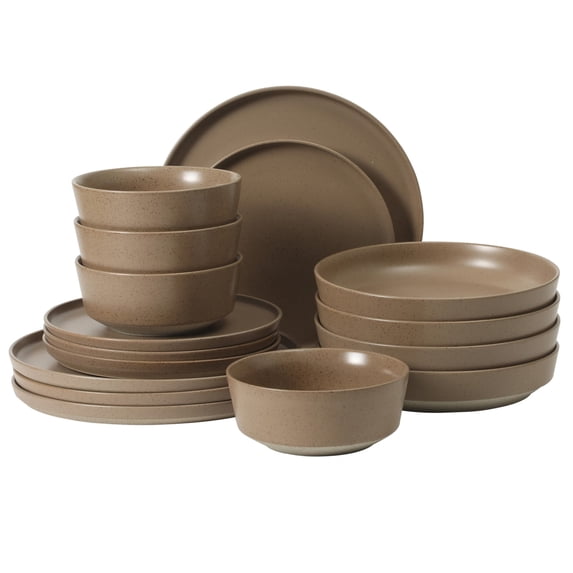 Gibson Elite Overbrook 16-Piece Pottery Clay Stoneware Dinnerware Set – Terraccotta Brown Reactive Glaze, Stackable Plates and Bowls w/ Pasta Bowl, Service for 4 – Microwave & Dishwasher Safe