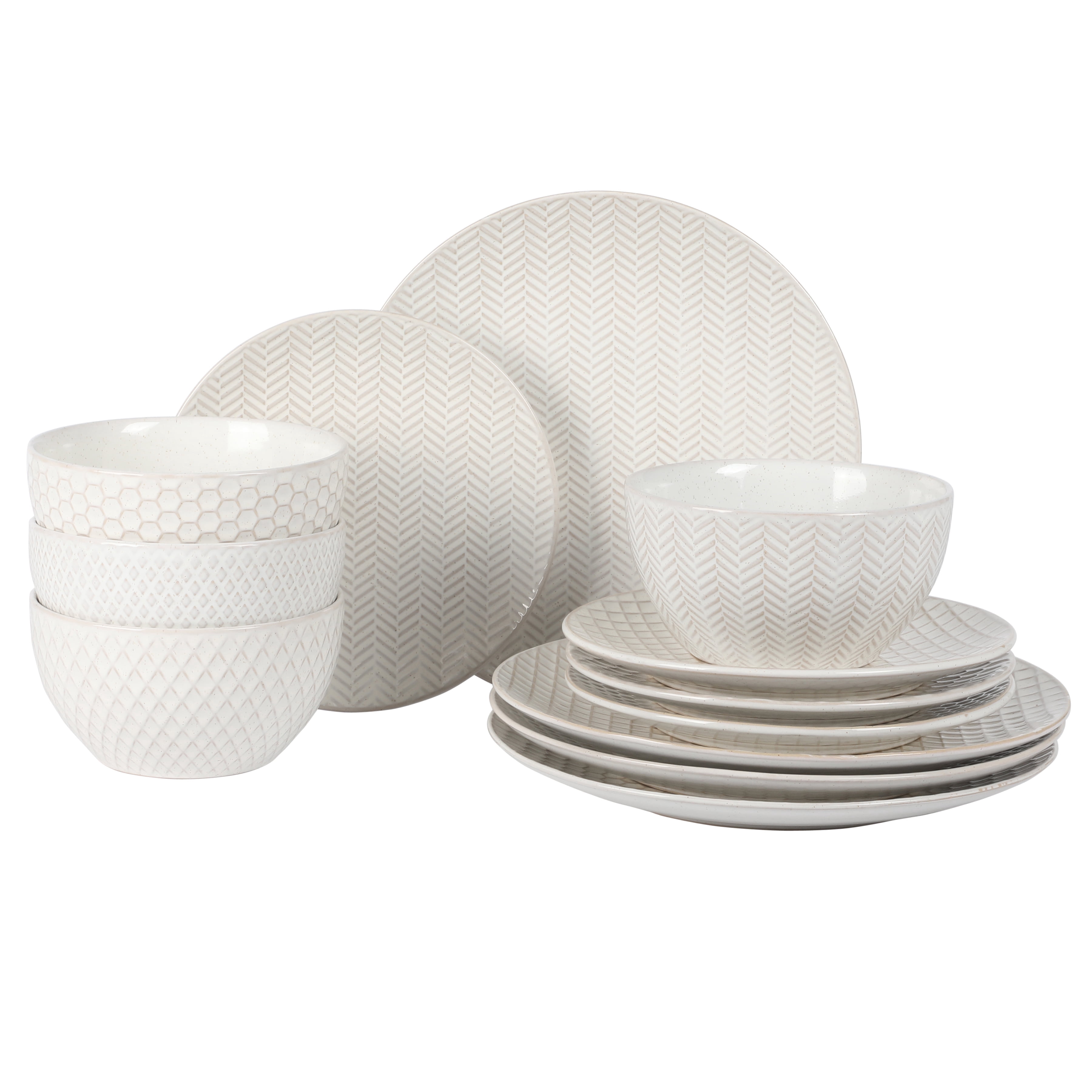 Gibson Elite Oyster Tide Embossed 12 Piece (Service for 4) Plates and Bowls Reactive Glaze Round Dishes Stoneware Ceramic Dinnerware Set, White
