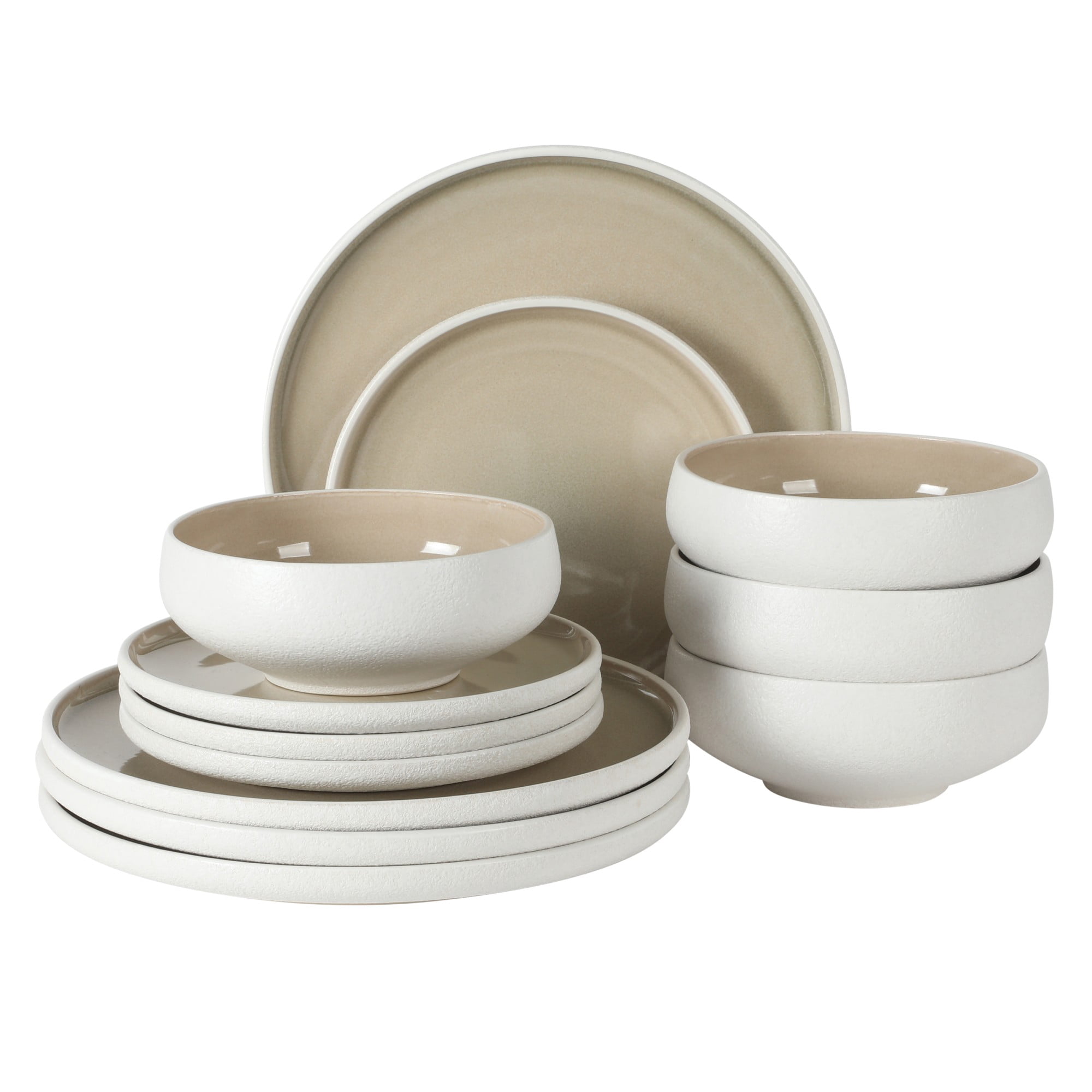 Gibson Elite Pacifico Beach 12-Piece Taupe/White Stoneware Dinnerware Set