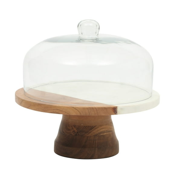 Gibson Elite Ridgehaven 10" Marble & Wood Cake Stand, Serving Platter, Charcuterie Board, and Center Piece Home Décor With Glass Lid