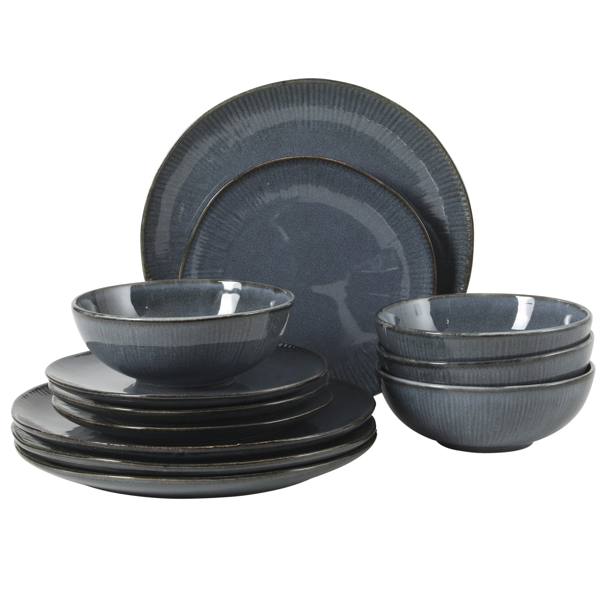 Gibson Elite Sandy Pines Stoneware Plates and Bowls Set - 12 Piece Reactive Glaze Dinnerware Set - Service for 4 - Dishwasher and Microwave Safe - Blue