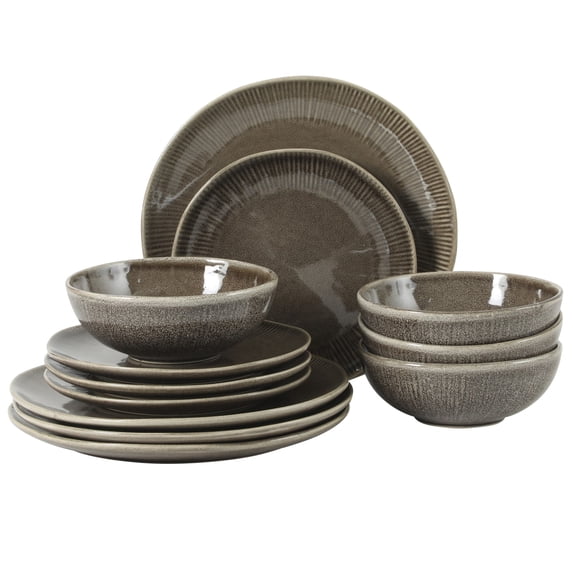 Gibson Elite Sandy Pines Stoneware Plates and Bowls Set - 12 Piece Reactive Glaze Dinnerware Set - Service for 4 - Dishwasher and Microwave Safe - Brown