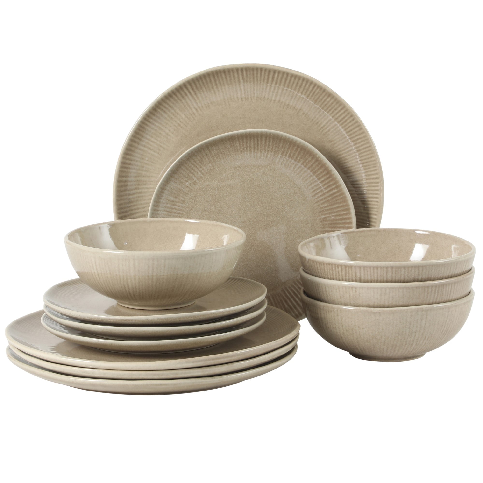Gibson Elite Sandy Pines Stoneware Plates and Bowls Set - 12 Piece Reactive Glaze Dinnerware Set - Service for 4 - Dishwasher and Microwave Safe - Cream Taupe