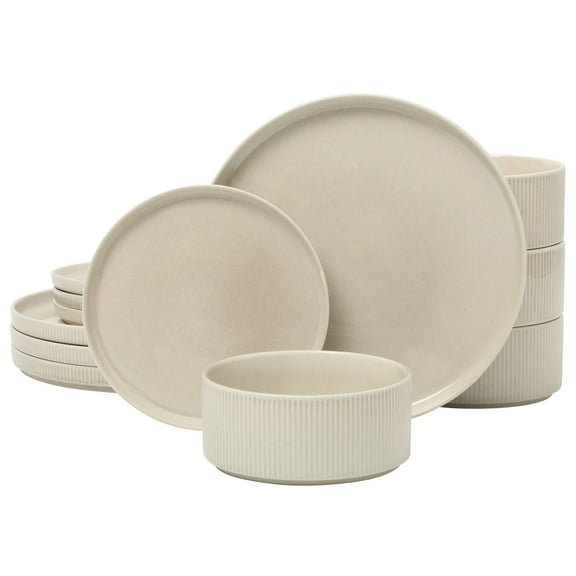 Gibson Elite Solana Coast 12 Piece Stoneware Reactive Glaze (Service for 4) Ceramic Plates and Bowls Modern Shape Embossed Dinnerware Set - Cream White