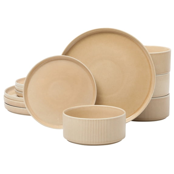 Gibson Elite Solana Coast 12 Piece Stoneware Reactive Glaze (Service for 4) Ceramic Plates and Bowls Modern Shape Embossed Dinnerware Set - Terracotta Orange