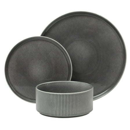Gibson Elite Solana Coast 12 Piece Stoneware Reactive Glaze (Service for 4) Ceramic Plates and Bowls Modern Shape Embossed Dinnerware Set - Black