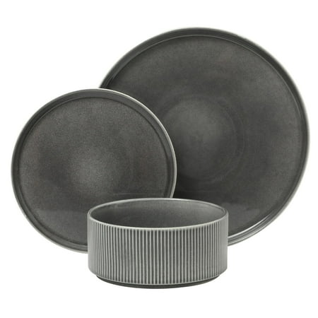 Gibson Elite Solana Coast 12 Piece Stoneware Reactive Glaze (Service for 4) Ceramic Plates and Bowls Modern Shape Embossed Dinnerware Set - Black