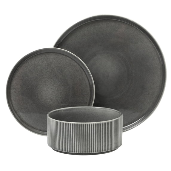 Gibson Elite Solana Coast 12 Piece Stoneware Reactive Glaze (Service for 4) Ceramic Plates and Bowls Modern Shape Embossed Dinnerware Set - Black