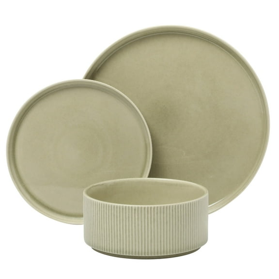 Gibson Elite Solana Coast 12 Piece Stoneware Reactive Glaze (Service for 4) Ceramic Plates and Bowls Modern Shape Embossed Dinnerware Set - Green