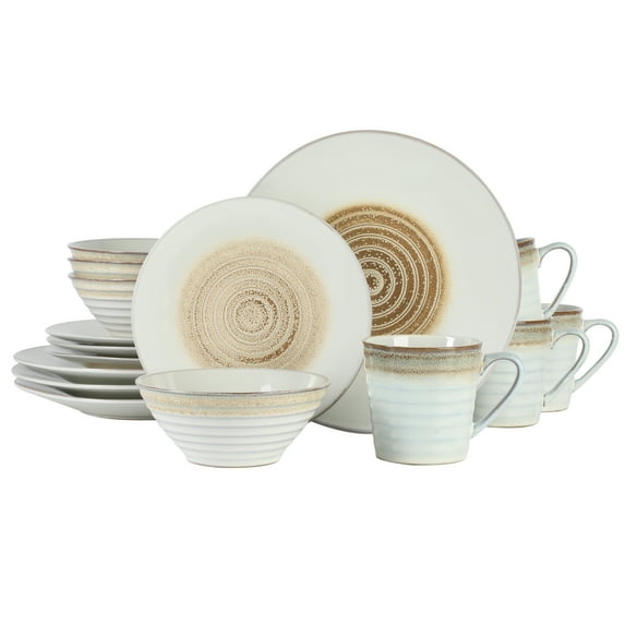 Gibson Elite Spiral 16 Piece Reactive Embossed Stoneware Dinnerware Set - Taupe