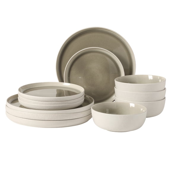 Gibson Elite Tahoe Sunset 12-Piece Reactive Stoneware Dinnerware Set – Matte Exterior & Shiny Interior Plates and Bowls, Durable Everyday Dish Set, Microwave & Dishwasher Safe - Taupe