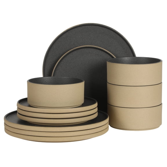 Gibson Elite Villa Amadora - Made in Portugal - 12 Piece Dinnerware Set for 4, Two Tone Tan and Black Speckled Stoneware Plates and Bowls, Dish Set with Dinner Plates, Salad Plates and Cereal Bowls