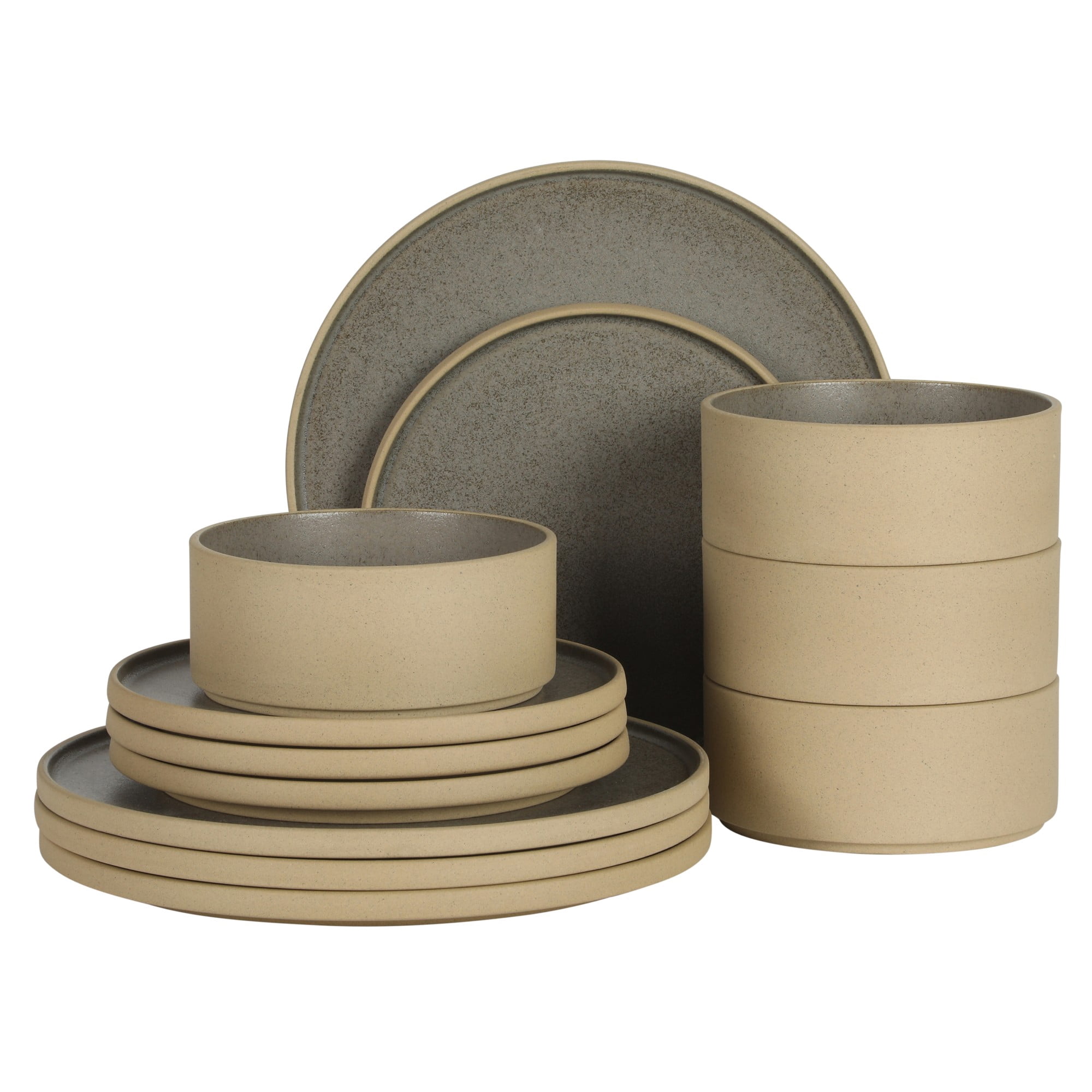 Gibson Elite Villa Amadora - Made in Portugal - 12 Piece Dinnerware Set for 4, Two Tone Tan and Grey Speckled Stoneware Plates and Bowls, Dish Set with Dinner Plates, Salad Plates and Cereal Bowls