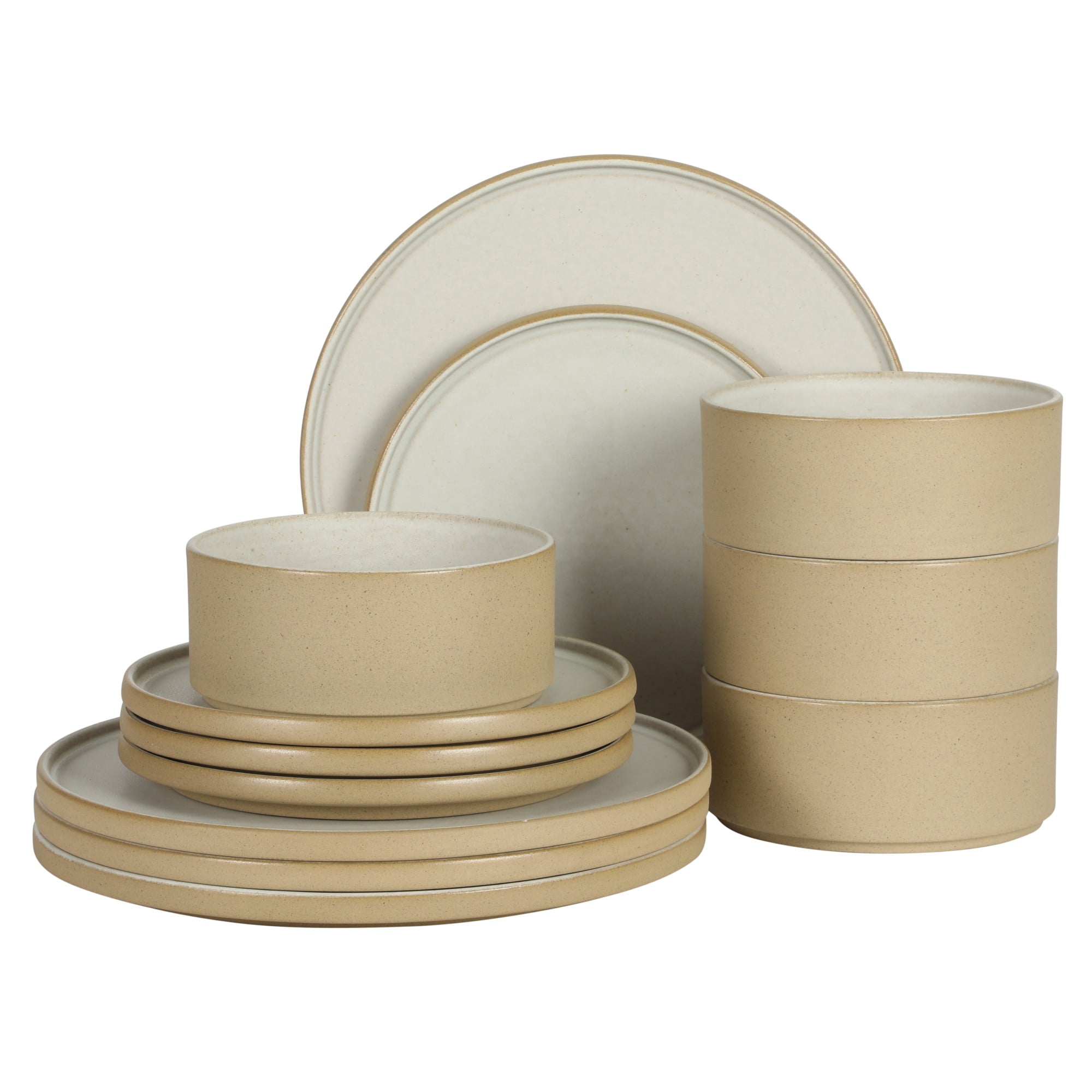 Gibson Elite Villa Amadora - Made in Portugal - 12 Piece Dinnerware Set for 4, Two Tone Tan and White Speckled Stoneware Plates and Bowls, Dish Set with Dinner Plates, Salad Plates and Cereal Bowls