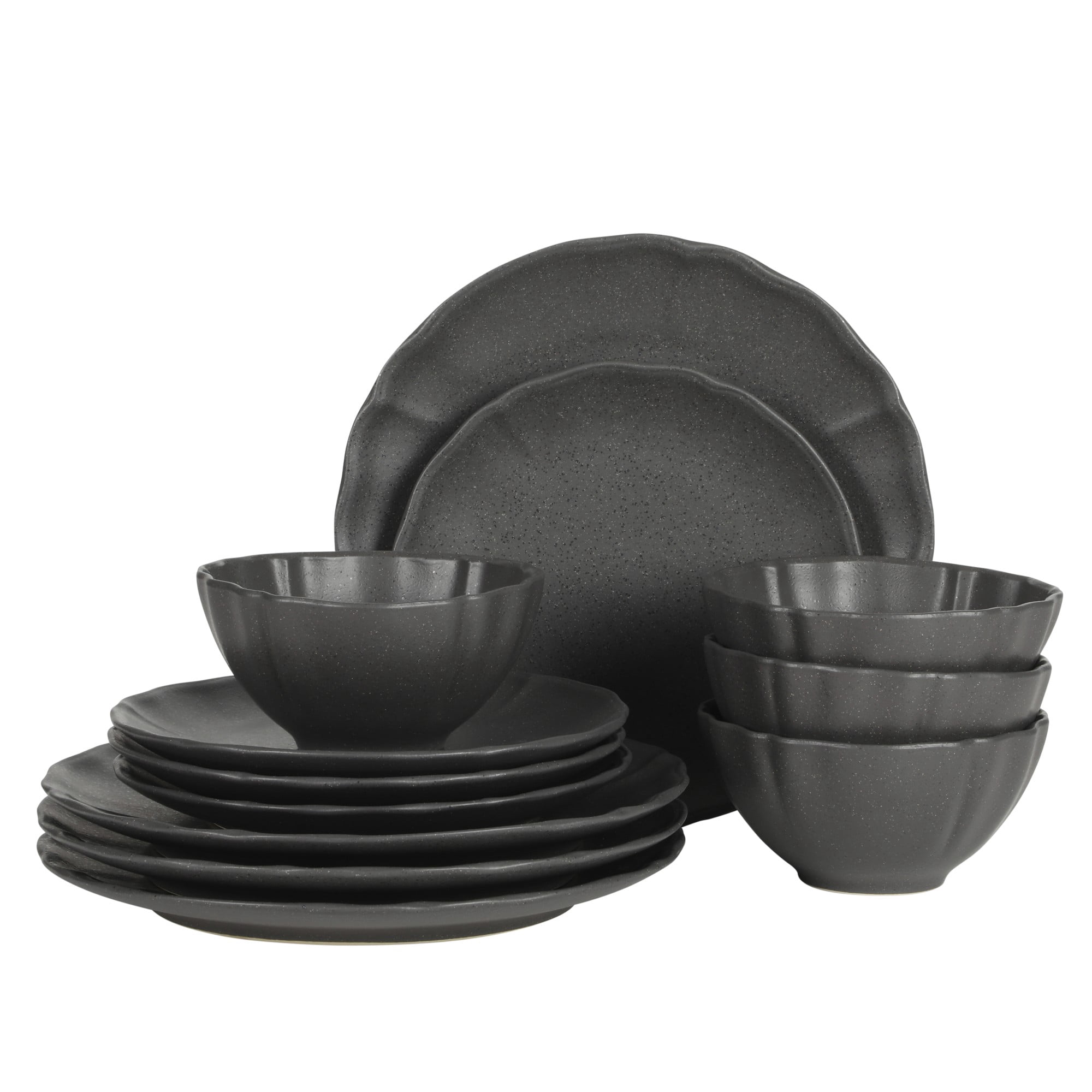 Gibson Elite Vista Rossio - Made In Portugal - 12 Piece Dinnerware Set for 4, Black Ceramic Plates and Bowls, Stoneware Dishware Set with Scalloped Edge, Dinner Plates, Salad Plates and Cereal Bowls