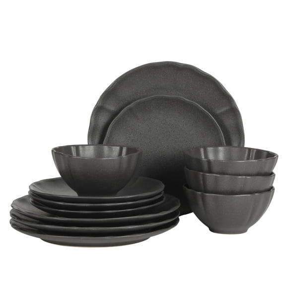 Gibson Elite Vista Rossio - Made In Portugal - 12 Piece Dinnerware Set for 4, Black Ceramic Plates and Bowls, Stoneware Dishware Set with Scalloped Edge, Dinner Plates, Salad Plates and Cereal Bowls