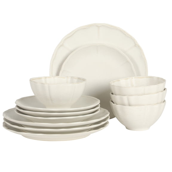 Gibson Elite Vista Rossio - Made In Portugal - 12 Piece Dinnerware Set for 4, White Ceramic Plates and Bowls, Stoneware Dishware Set with Scalloped Edge, Dinner Plates, Salad Plates and Cereal Bowls