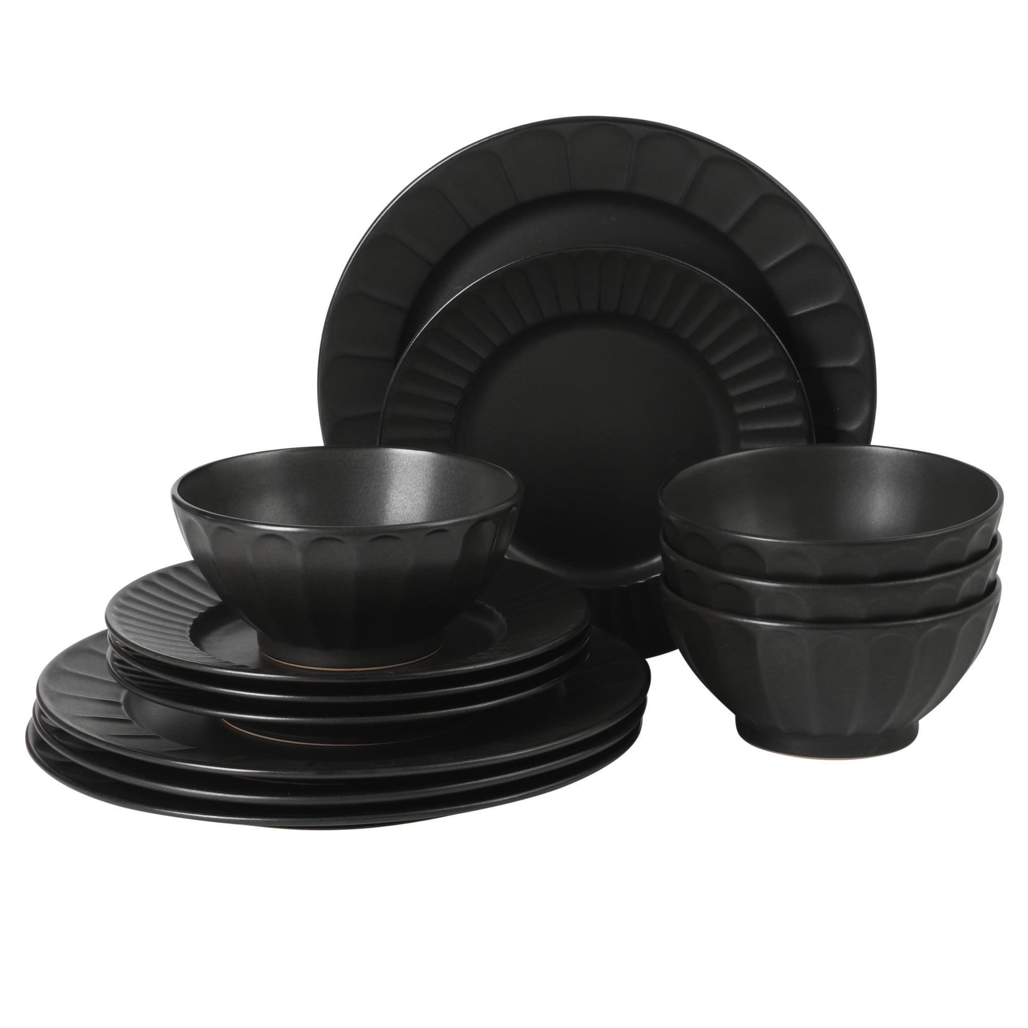 Gibson Elite Winchester Way 12-Piece Embossed Stoneware Dinnerware Set – Reactive Matte Glaze, Durable Lightweight-Tech Plates & Bowls, Everyday Dish Set, Microwave & Dishwasher Safe – Black