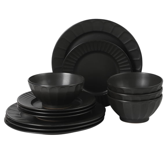 Gibson Elite Winchester Way 12-Piece Embossed Stoneware Dinnerware Set – Reactive Matte Glaze, Durable Lightweight-Tech Plates & Bowls, Everyday Dish Set, Microwave & Dishwasher Safe – Black