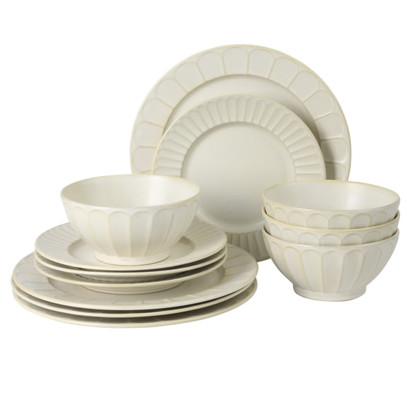 Gibson Elite Winchester Way 12-Piece Embossed Stoneware Dinnerware Set – Reactive Matte Glaze, Durable Lightweight-Tech Plates & Bowls, Everyday Dish Set, Microwave & Dishwasher Safe – Off-White
