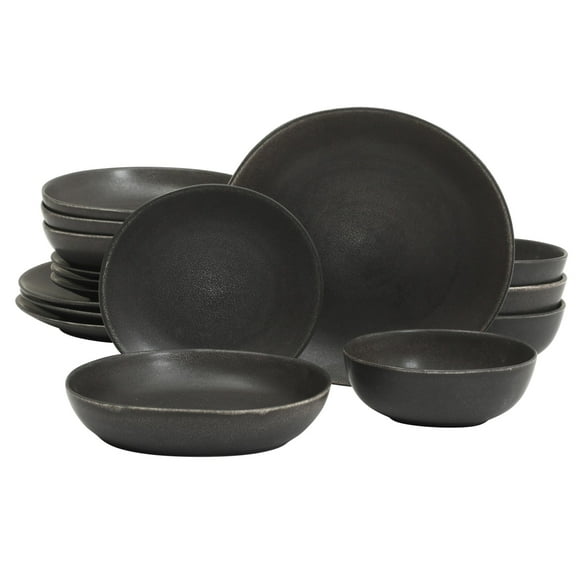 Gibson Elite Zion Mist 16 Piece Stoneware Reactive Glaze (Service for 4) Ceramic Plates and Bowls Modern Organic Dinnerware Set - Black