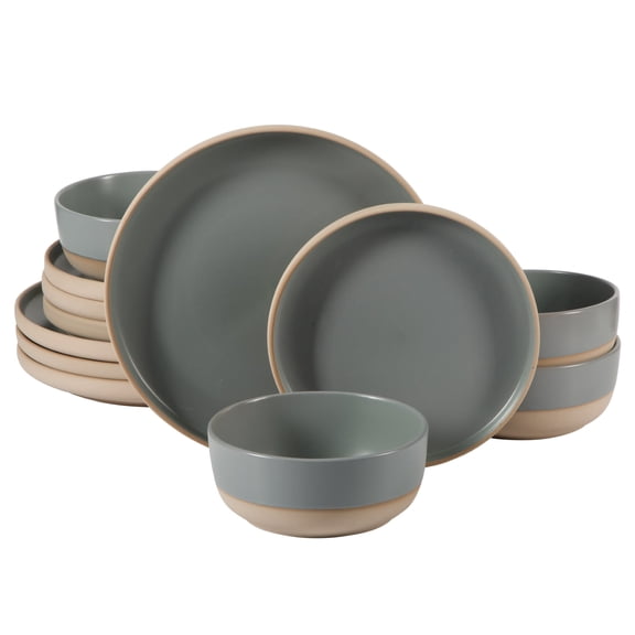 Gibson Home 12 Pc Plates & Bowls Stoneware Dinnerware Set for 4, Matte Two-Tone Glaze, Dishwasher & Microwave Safe