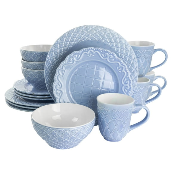 Gibson Home 126950.16 Quilted Eyelet Round Fine Ceramic Dinnerware Set, Blue - 16 Piece