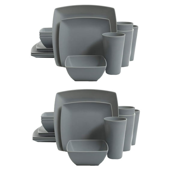 Gibson Home 16 Piece Modern Square Melamine Dinnerware Plate Set Grey (2 Pack)