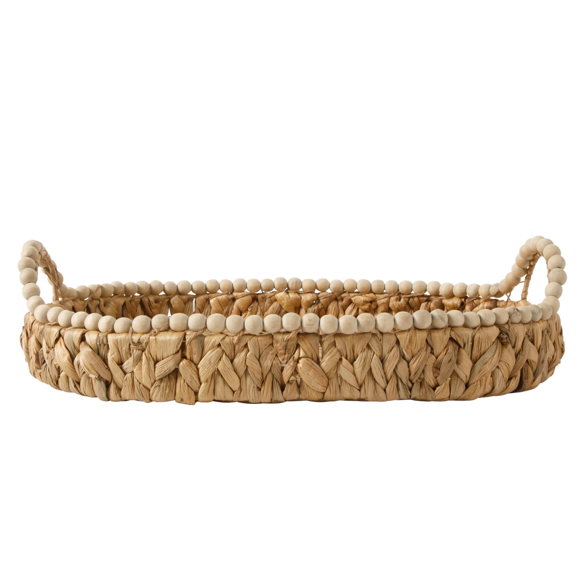 Gibson Home 17-Inch Woven Decorative Serving Tray – Large Natural Water Hyacinth Basket with Wood-Bead Trim and Handles for Coffee Table Décor, Ottomans, Centerpieces & Kitchen Counter Display