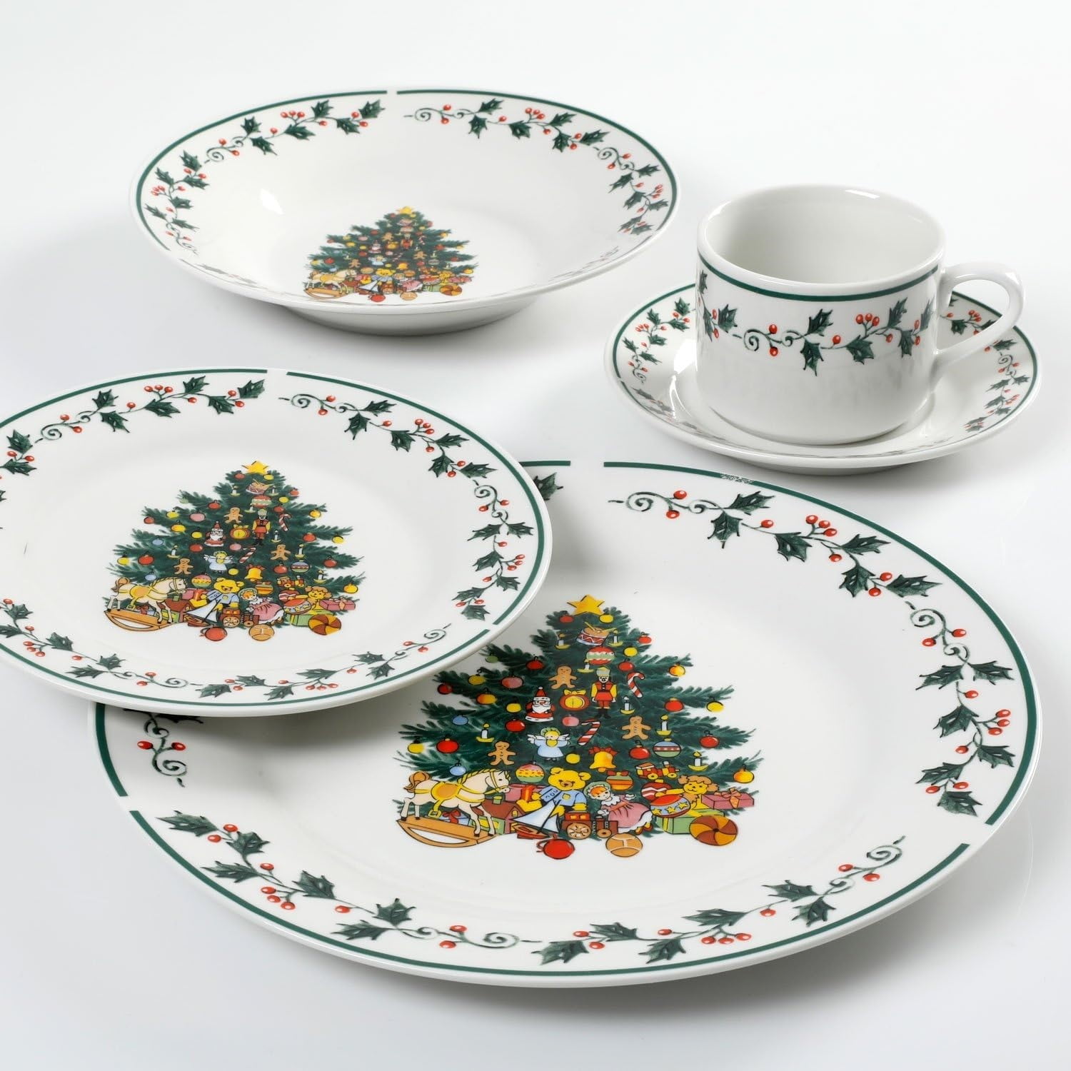 Gibson Home 20-Piece Ceramic Christmas Tree Trimming Dinnerware Set – Holiday Dinnerware with Christmas Tree & Holly Design