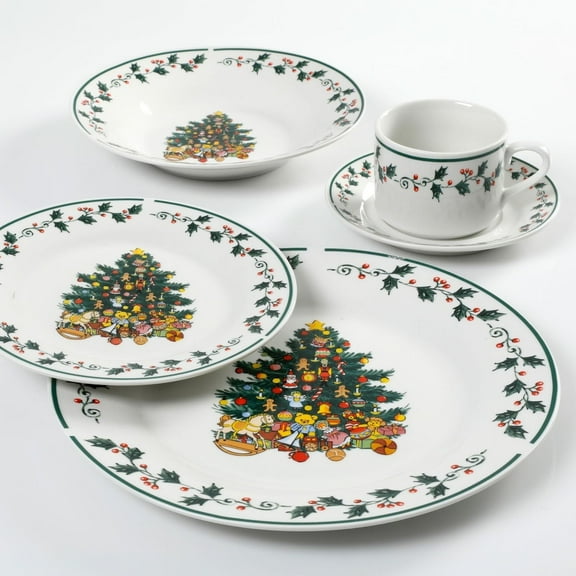Gibson Home 20-Piece Ceramic Christmas Tree Trimming Dinnerware Set Holiday Dinnerware with Christmas Tree & Holly Design